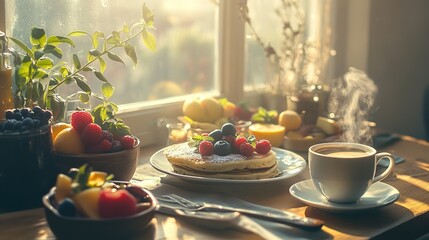 A beautifully arranged breakfast spread featuring fluffy pancakes, fresh fruits, and a steaming cup of coffee, captured in warm, natural light