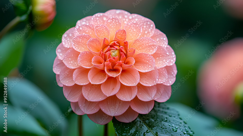 Wall mural A close-up of a delicate pink dahlia flower adorned with droplets, captured in a lush garden during early morning light