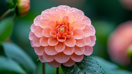 A close-up of a delicate pink dahlia flower adorned with droplets, captured in a lush garden during early morning light