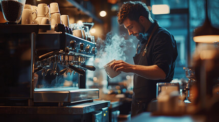 Barista Prepares Coffee: Expert Brewing Techniques in a Cafe