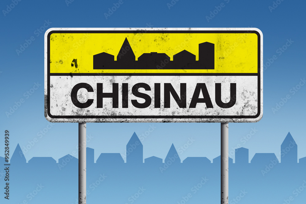 Wall mural Vintage road sign of Chisinau with black urban skyline silhouette, representing city entrance and a popular travel destination in Europe