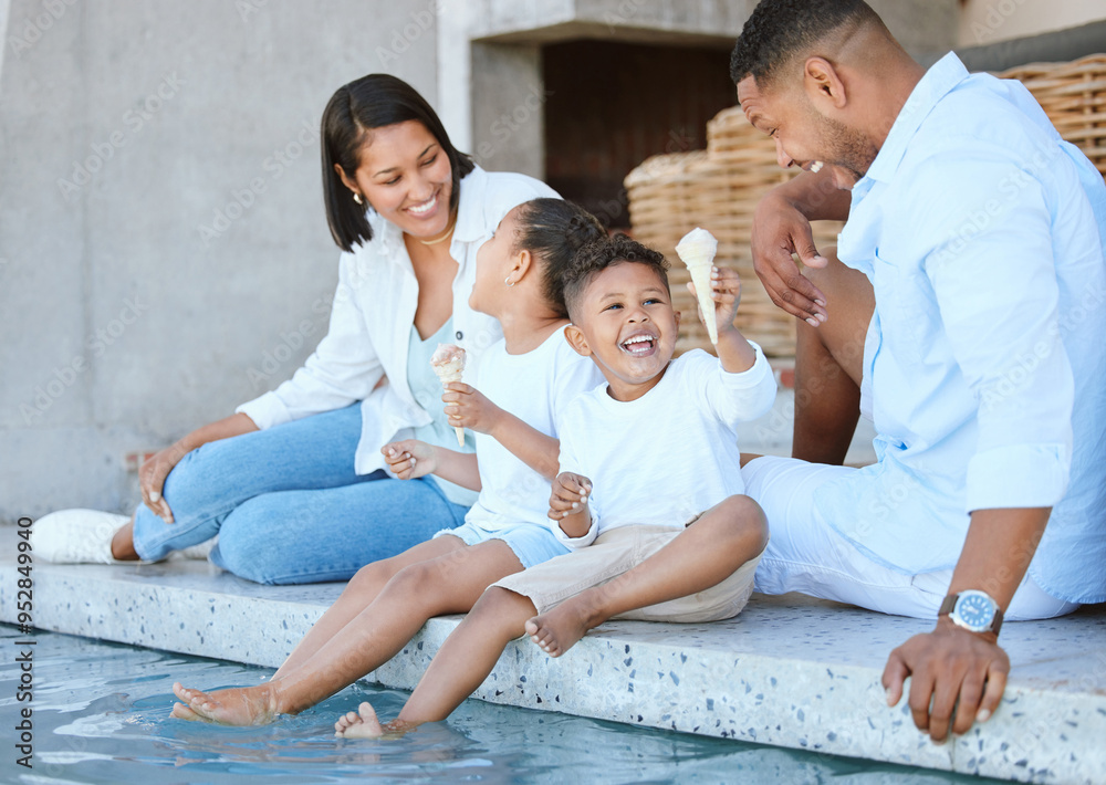 Wall mural Parents, children and happy at poolside with ice cream, laugh or relax on ground in summer at family house. Mother, father and kids with feet in swimming pool for gelato, love or connection in Mexico