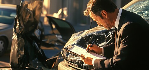 Man in suit writing on clipboard next to car crash.