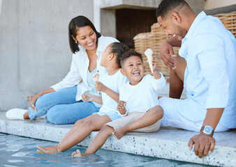 Parents, children and happy at poolside with ice cream, laugh or relax on ground in summer at family house. Mother, father and kids with feet in swimming pool for gelato, love or connection in Mexico