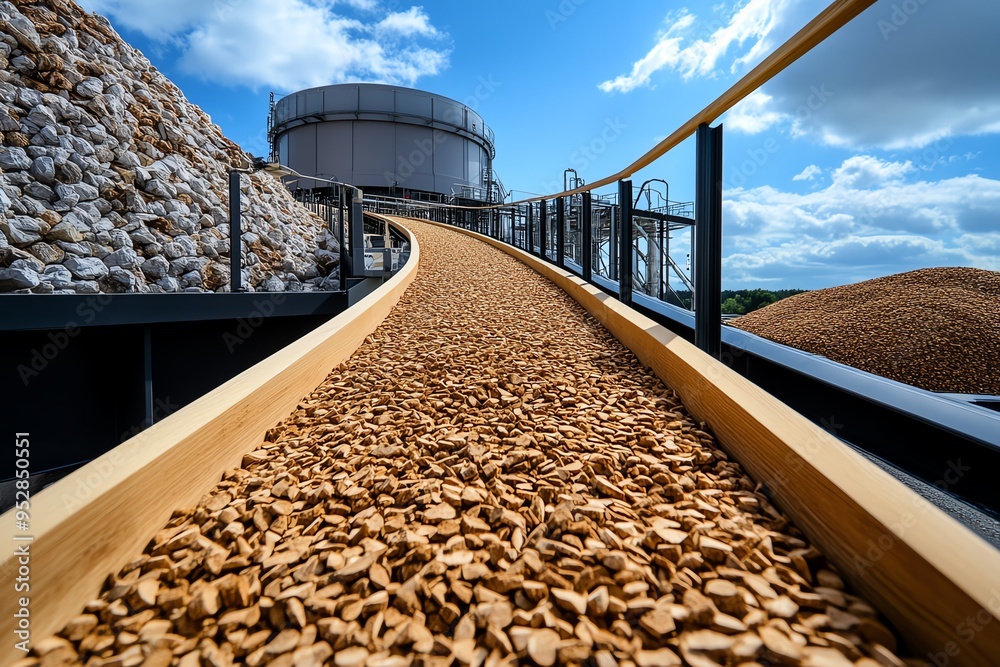 Poster Biomass output efficiency is depicted in a minimalist design that highlights the optimized performance of a modern bioenergy facility