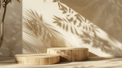 Pastel shades wooden podium abstract scene. Empty stage minimalistic boho design background. Stand product showcase on beige background.