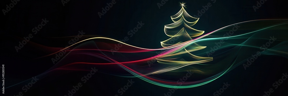 Poster colorful abstract lines form the silhouette of a christmas tree, capturing a festive spirit in a vis