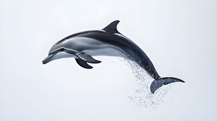Obraz premium A playful dolphin leaping out of the water, captured on a white background. The dolphin is shown in mid-air, highlighting its graceful and dynamic movement.