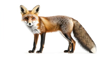 Fototapeta premium A curious red fox standing alert on a white background, with its bushy tail and sharp features clearly visible. The fox is depicted in a natural, yet striking pose.
