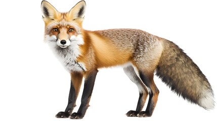 Fototapeta premium A curious red fox standing alert on a white background, with its bushy tail and sharp features clearly visible. The fox is depicted in a natural, yet striking pose.