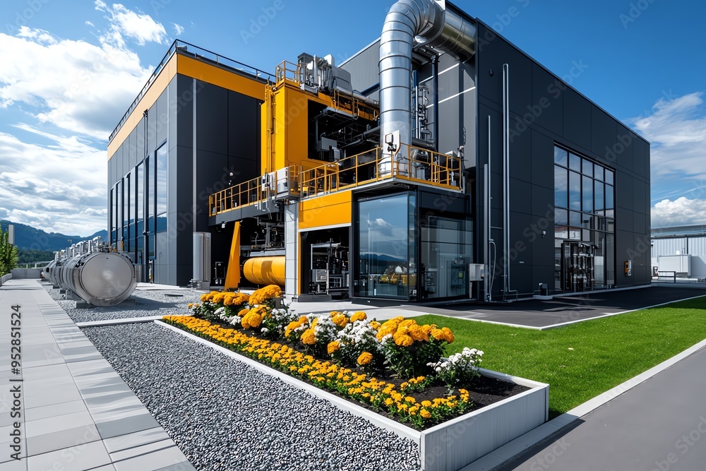Aufkleber Biomass output performance is depicted in a minimalist design that focuses on the efficiency and reliability of a modern bioenergy facility