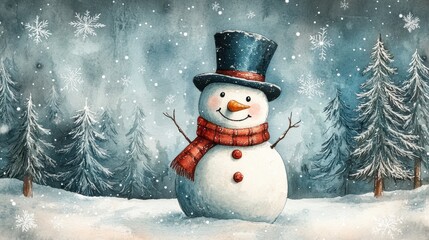 holiday snowmanoodles, creative hand-drawn watercolor christmas illustration featuring a happy snowman in a top hat and scarf, surrounded by pine trees and gentle snowfall