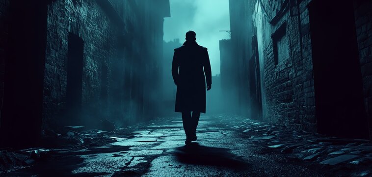 Silhouette of a man walking in a dark alley.