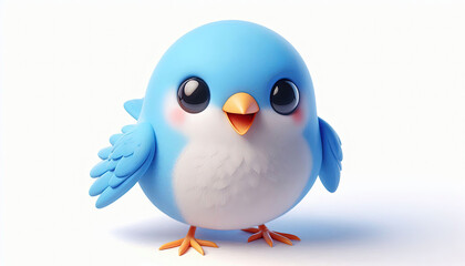 Cute blue bird character with big eyes and a happy smile, isolated on white background.