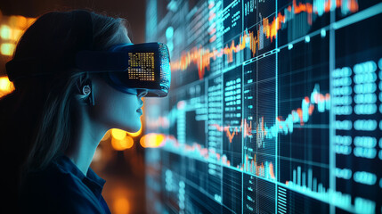 Woman Using VR Headset to Analyze Financial Data