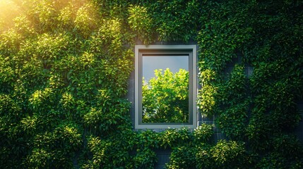 Urban Oasis - Contemporary Building Covered in Lush Green Plants with Sunlit Window Reflection