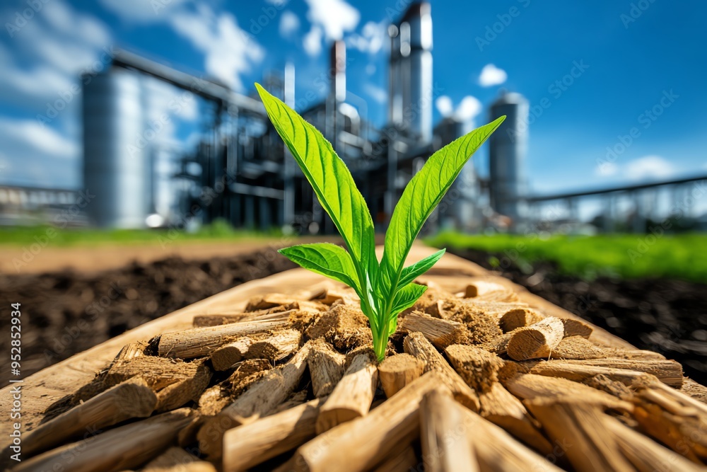Poster biomass plant operation efficiency is showcased in a realistic photo capturing the optimized process
