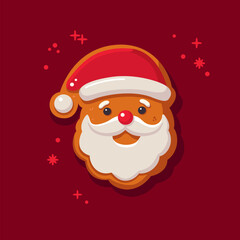 Santa Claus Decorated Christmas gingerbread cookie. Traditional winter holidays biscuit on red background. Flat vector illustration