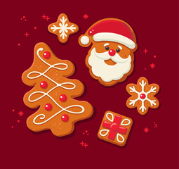 Set of Decorated Christmas gingerbread cookies. Traditional winter holidays biscuits on red background. Flat vector illustration