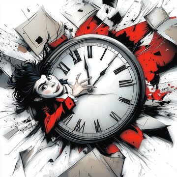 A cartoon-style man trapped in a clock exploding