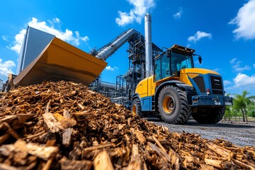 Biomass plant operation is showcased in a realistic photo capturing the daily activities and machinery of a bioenergy facility