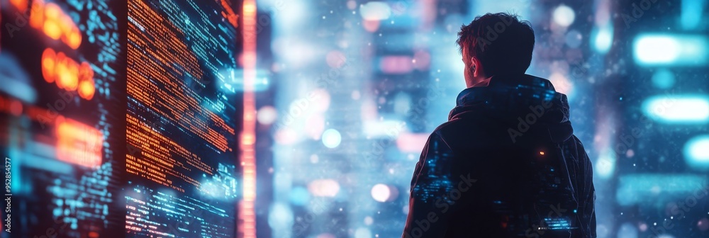 Poster a cyberpunk hacker stands in the glow of a neon-lit city, immersed in analyzing complex data display