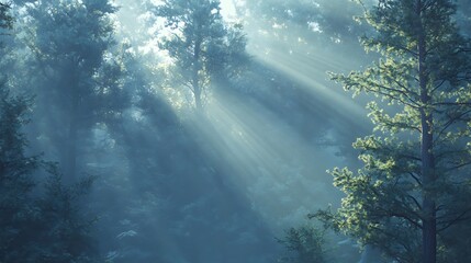 Fototapeta premium A serene foggy morning in a dense pine forest with sunlight filtering through the mist