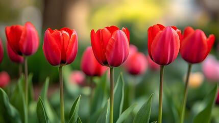 Vibrant red tulips blooming in a lush garden during springtime showcasing nature's beauty and seasonal colors