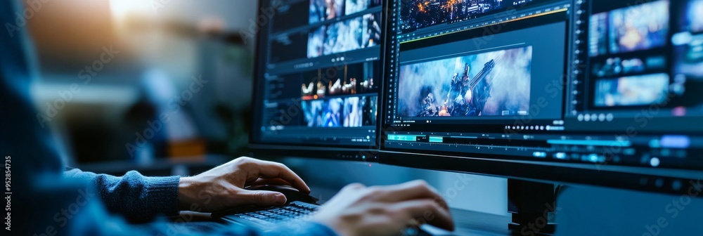 Poster an editor is deeply immersed in the process of refining visual content, using dual monitors to enhan