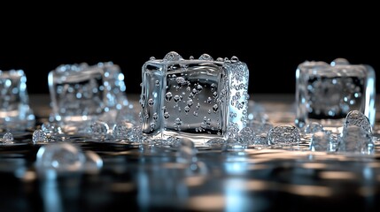 Close-up of melting ice cubes with water droplets on a dark surface.