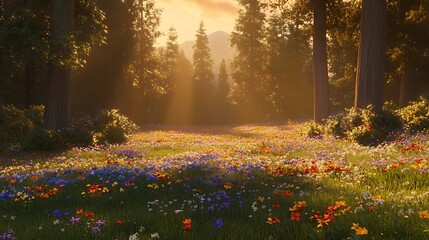 Obraz premium A serene forest clearing with a carpet of wildflowers, tall trees surrounding the area, and a soft, golden light filtering through