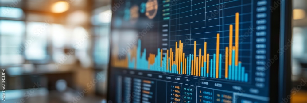 Poster a detailed display of financial graphs and charts is visible on a computer monitor, showcasing data 