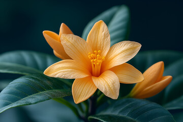 Fototapeta premium A close-up of a vibrant yellow flower blooming among green leaves in a tranquil garden setting during the spring season