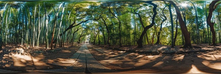 Serene forest pathway lined with tall trees under bright sunlight in a peaceful natural setting