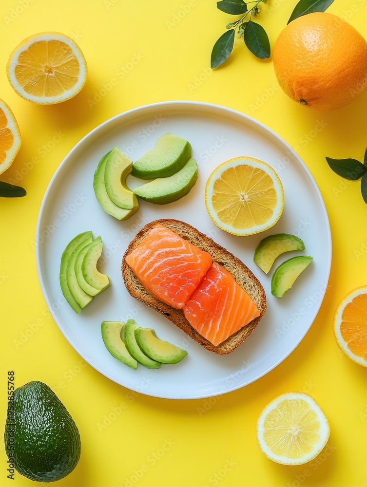Poster A healthy breakfast features avocado toast topped with cucumber slices of salmon