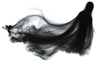Realistic Halloween ghost shadow PNG. Transparent isolated phantom. Flying spooky dead soul. Black smoke transparent horror monster.