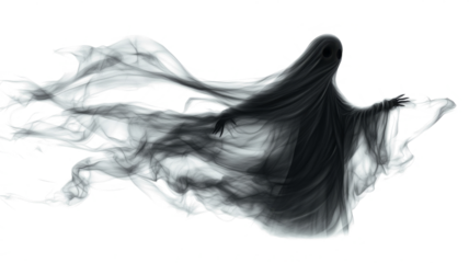 Realistic Halloween ghost shadow PNG. Transparent isolated phantom. Flying spooky dead soul. Black smoke transparent horror monster.
