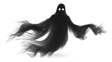 Realistic Halloween ghost shadow PNG. Transparent isolated phantom. Flying spooky dead soul. Black smoke transparent horror monster.