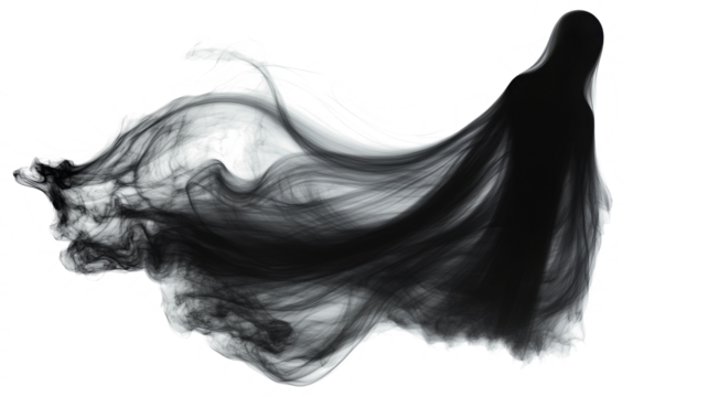 Realistic Halloween ghost shadow PNG. Transparent isolated phantom. Flying spooky dead soul. Black smoke transparent horror monster.