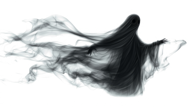 Realistic Halloween ghost shadow PNG. Transparent isolated phantom. Flying spooky dead soul. Black smoke transparent horror monster.