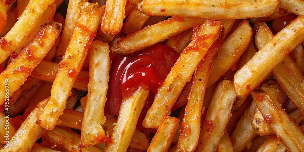 Wall mural Close-up of crispy french fries with seasoning flying against a dark background, creating a dynamic effect.