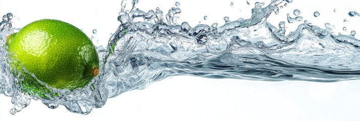 A vibrant lime splashes into clear water, creating a stunning fountain of droplets as the fruit interacts with the surface, showcasing motion and energy