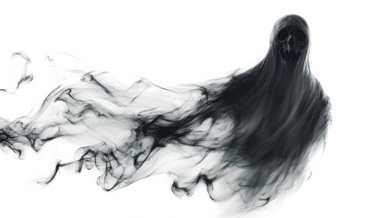 Realistic Halloween ghost shadow PNG. Transparent isolated phantom. Flying spooky dead soul. Black smoke transparent horror monster.