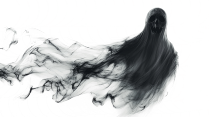 Realistic Halloween ghost shadow PNG. Transparent isolated phantom. Flying spooky dead soul. Black smoke transparent horror monster.