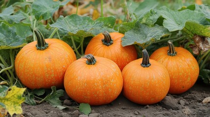 Cluster of ripe pumpkins growing in a garden during autumn harvest season