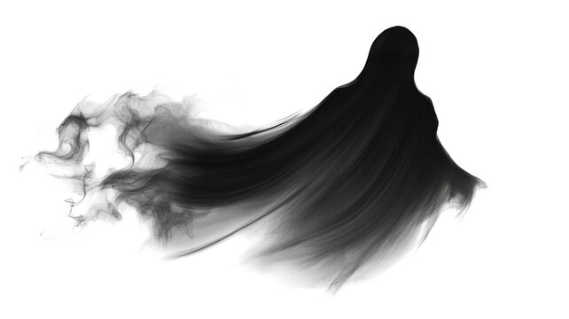 Realistic Halloween ghost shadow PNG. Transparent isolated phantom. Flying spooky dead soul. Black smoke transparent horror monster.