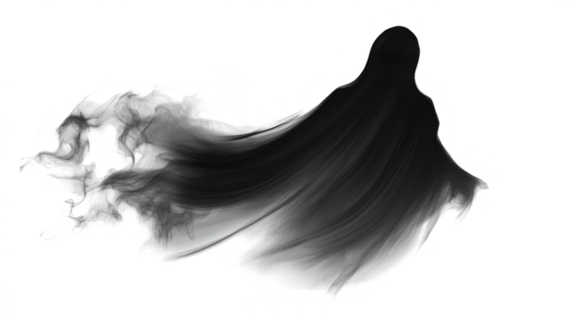 Realistic Halloween ghost shadow PNG. Transparent isolated phantom. Flying spooky dead soul. Black smoke transparent horror monster.