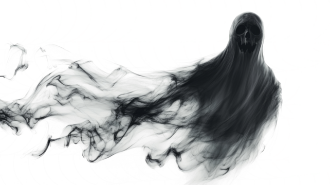 Realistic Halloween ghost shadow PNG. Transparent isolated phantom. Flying spooky dead soul. Black smoke transparent horror monster.