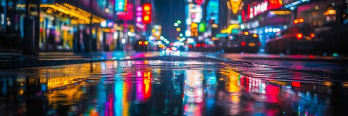 Obraz premium Rain-soaked streets come alive with the glow of neon lights in a bustling city at night. Reflections ripple on the pavement, creating a captivating urban atmosphere