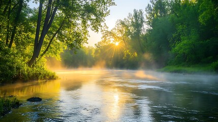 Obraz premium A serene forest river at sunrise, with mist rising from the water, and the warm glow of the morning sun filtering through the trees